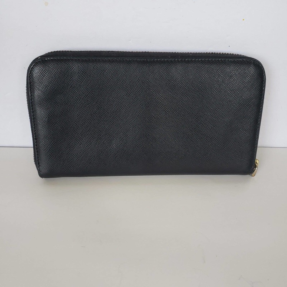 Prada Long Wallet Leather Zipper Black Zip Around Italy Continental Logo Clutch - Picture 3 of 13